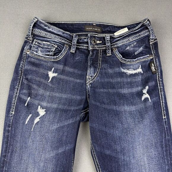 Silver Jeans Womens 26 Blue Dark Wash Suki Capri Straight Leg Distressed Denim - Picture 6 of 14